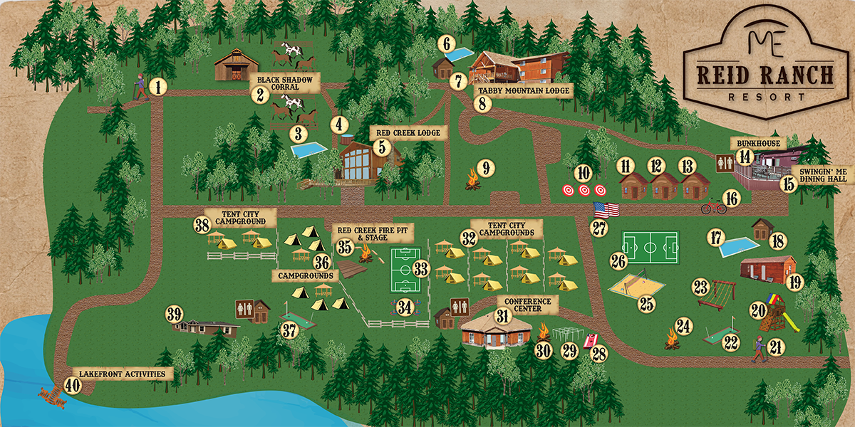 Activity Map of Reid Ranch: showing locations of lodging, attractions, food, merchandise, and miscellaneous items. All links found in the text below.